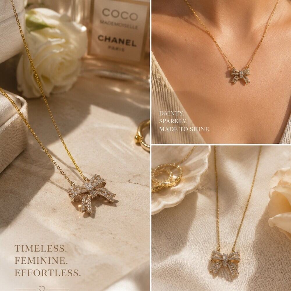Gold plated Stainless Necklace Bow Pendant Clear CZ Rhinestones Minimalist gift